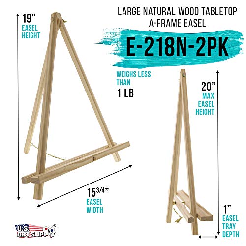 U.S. Art Supply 20" Large Natural Wood Display Stand A-Frame Artist Easel (Pack of 2) - Adjustable Wooden Tripod Tabletop Holder Stand for Canvas, Painting Party, Kids Crafts, Photos, Pictures, Signs U.S. Art Supply