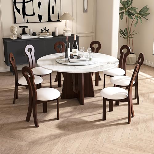 Wohh 9-Piece Round Dining Table Set, 59" Sintered Stone Table with Walnut Base, 6-8 People, Modern Style Wohh