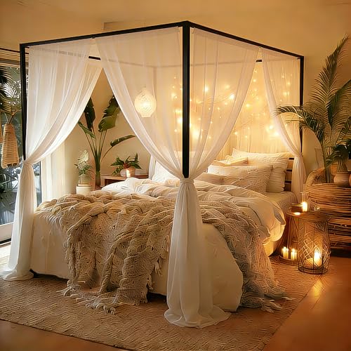 YITAHOME Canopy Bed Frame Queen Size Metal Four Posters 14 Inch Platform with Built-in Headboard Strong Metal Slat Mattress Support, No Box Spring Needed, Black