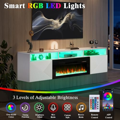 LUXOAK 80 inch Floating TV Stand with 40" Electric Fireplace, Wall Mounted Electric Fireplace Entertainment Center with Storage Space, TV Stand for Living Room for TVs Up to 90", White&Black LUXOAK