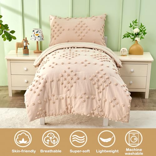 Toddler Bedding Set for Girls 4-Piece Beige Jacquard Pom Pom Tufts Embroidery Bohemian Boho Tufted Dots Comforter Set for Baby Kids Bed-in-a-Bag with Comforter, Flat Sheet, Fitted Sheet, Pillowcase VIVILINEN