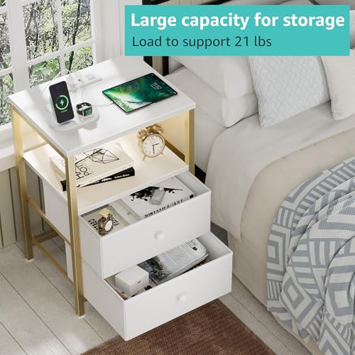 BOLUO Gold Nightstand with Charging Station, LED Night Stand with 2 Fabric Drawers, Bedside Table with USB Ports and Outlets, Nightstand for Bedroom Modern BOLUO