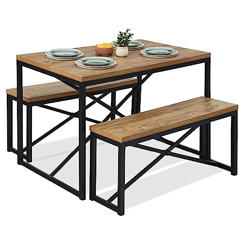 Best Choice Products 45.5in 3-Piece Bench Style Dining Furniture Set, 4-Person Space-Saving Dinette for Kitchen, Dining Room w/ 2 Benches, Table - Light Brown/Black Best Choice Products
