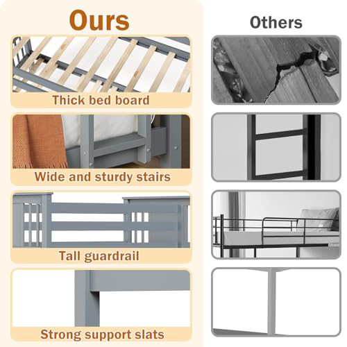 FUQARHY Bunk Bed Twin Over Twin with Storage Drawers, Gray Convertible Wood Twin Bunk Beds with Ladder and Safety Guardrail, No Box Spring Needed (Blue-Gray) FUQARHY