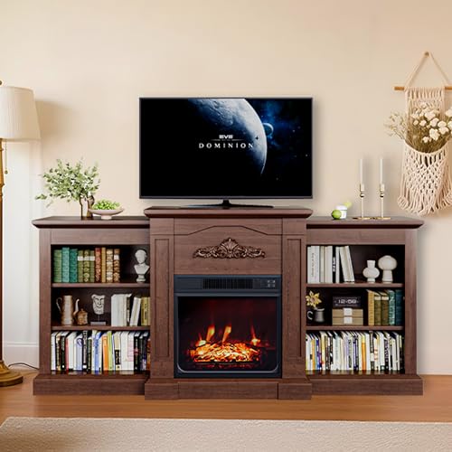 67" Fireplace TV Stand with Mantel, 18" Electric Fireplace Insert & Cabinets, Entertainment Center for Living Room or Bedroom, Fits TVs Up to 67", Remote Control, Brown PeakPursuit