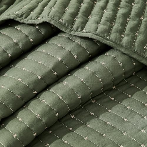 WDCOZY Olive Green Cross Stitch Twin Size Quilt Set, Striped Lightweight Soft Bedspread, Channel Farmhouse Rustic Coverlet, All Season Country Bedding, Thin Comforter WDCOZY