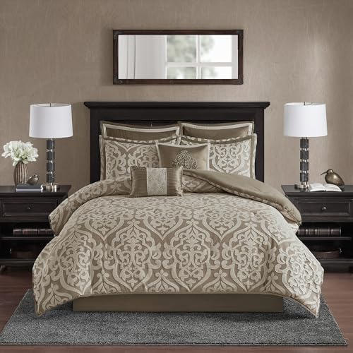 Madison Park Odette Cozy Comforter Set Jacquard Damask Medallion Design - Modern All Season, Down Alternative Bedding, Shams, Decorative Pillows, Cal King(104 in x 92 in), Tan 8 Piece Madison Park