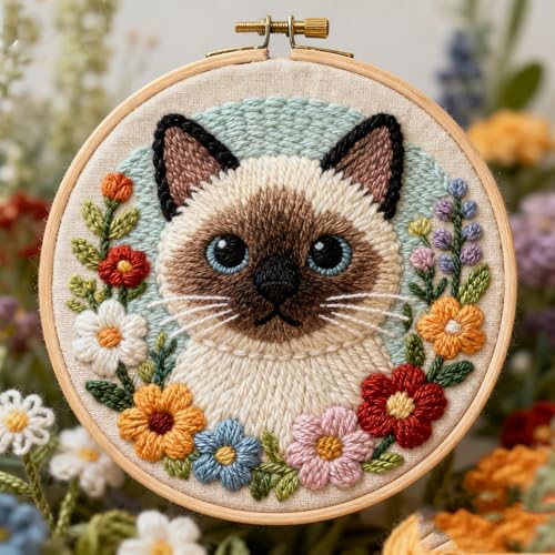 DIY Punch Needle Kits Siamese Cat in Flowers Easy for Beginners Embroidery Starter Set with Hoop Needlepoint Craft Hobby and Home Decor 20x20cm