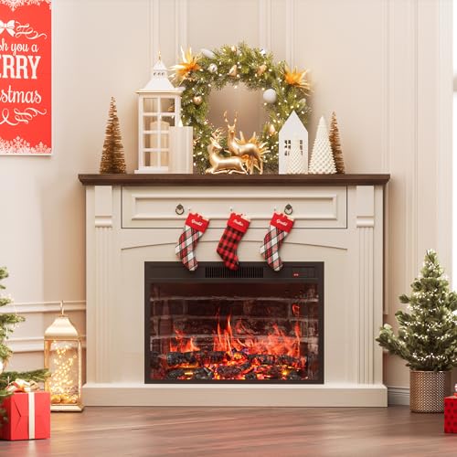 AHB Corner TV Stand with Remote Control, Electric Fireplace with Wooden Mantel, Entertainment Center with Efficient Heating System, Adjustable Brightness Realistic Flame(White) AHB