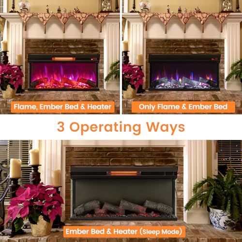 SIMOE 36 Inch 3 Side Glass Electric Fireplace, Recessed Fireplace Insert with Remote Control, 8-Color Flame, Adjustable Brightness, Freestanding Fireplace w/ 9H Timer, Thermostat, Overheat Protection SIMOE