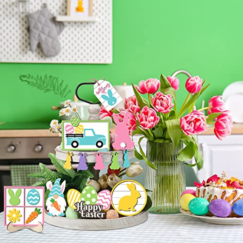 Jetec Tray Decor, 12pcs Bunny Easter Tiered Signs, Wood Gnome Truck Flower Farmhouse Kitchen Decorations, Green, Yellow, Tray not Included Jetec