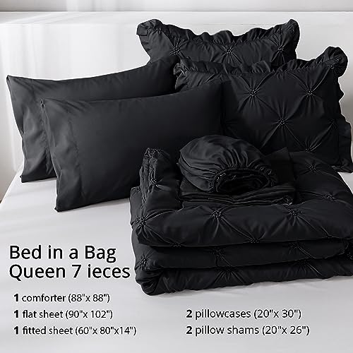JOLLYVOGUE Queen Comforter Set 7 Pieces, Black Bed in a Bag Comforter Set for Bedroom, Bedding Comforter Sets with Comforter, Sheets,Ruffled Shams & Pillowcases JOLLYVOGUE