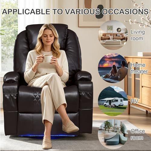 IBTKIG Power Swivel Rocker Recliner with Dual Motor, 240° Electric Glider Recliner with Heat & Massage, Rocking Chair Theater Seating with LED/Lumbar Pillow/USB Port/Cup Holders(Faux Leather Brown, 1)