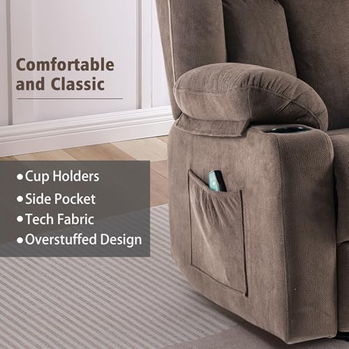 Ketaiyou Rocker Swivel Recliner Chair for Adults, Overstuffed Large Manual Recliner Glider with Massage and Heat, Comfy Soft Fabric Living Room Reclining Sofa Chair (Cocoa1)