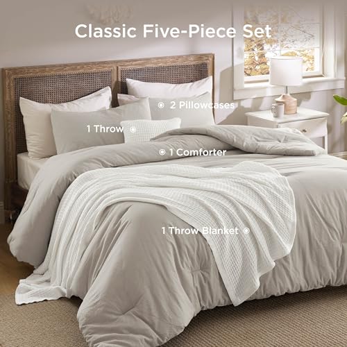 Bedsure 5 Pieces Cotton Comforter Set with Waffle Throw Blanket - Soft Breathable Bedding Set for All Seasons, Beige Queen Comforter, Pillow Shams, White 100% Cotton Blanket, Throw Pillow Bedsure