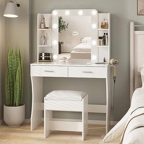 Vanity Desk with Lights,Makeup Vanity with Power Strip,Dressing Table Set with 2 Large Drawers,Vanity Mirror 3 Lighting Color Adjustable,White Vabches