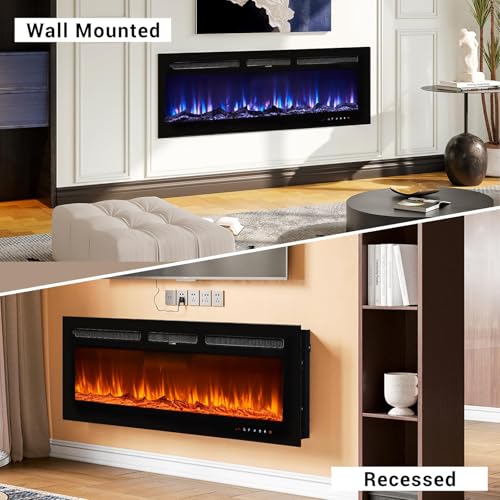 OneBlis Electric Fireplace, 50 inch Wide Recessed/Wall Mounted Electric Fireplace, Remote Control with Timer, 12 Adjustable Color Flame, Log Set & with Crystal Stone, 750/1500W OneBlis