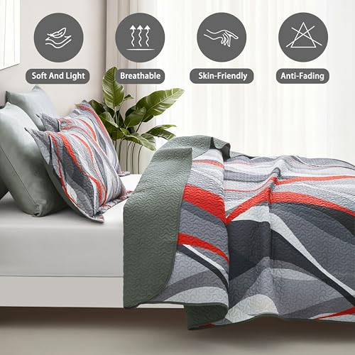weesire Classic Line Pattern Bedding Quilt Queen Size Modern Grey Red and Black Stripe Quilt with 2 Shams, Gray and Red Comforter Sets Lightweight Breathable Bedspreads Coverlet, 90''x96'' weesire