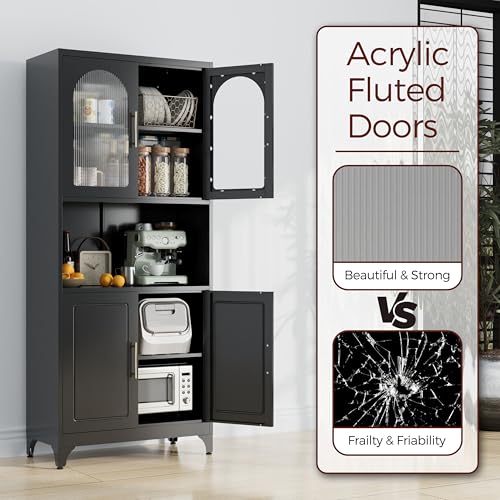 Kubohogar 75" Tall Kitchen Pantry Cabinet, Metal Storage Cabinets with Acrylic Doors and Adjustable Shelves, Hutch Cabinet with Storage, Black Microwave Stand Cabinets for Dining Living Room Kubohogar