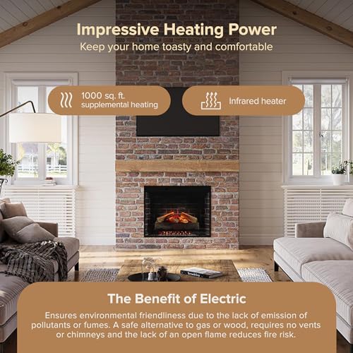 Modern Ember Uptown 33" Smart Electric Fireplace Insert with Remote Control, Compatible with Alexa - 1,000 Sq Ft Electric Heater with Realistic Flames and Log Set Modern Ember