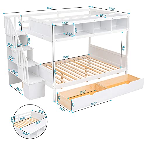 Harper & Bright Designs Twin Over Full Bunk Bed with Storage Shelves, Stairs, Solid Wood Staiway Bunk Bed Frame with 2 Drawers, for Kids Teens Adults (White) Harper & Bright Designs