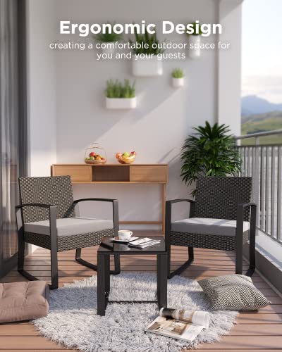 Qsun 3 Pieces Patio Furniture Set Rocking Bistro Set Outdoor Rattan Conversation with Coffee Table for Garden Balcony Backyard Poolside (Grey Cushion) Qsun