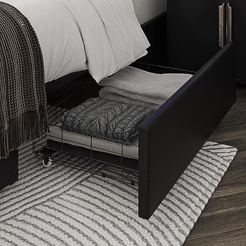 Keyluv Modern King Size Bed Frame with RGB LED Lights, USB Ports & Storage Drawers in Black Keyluv