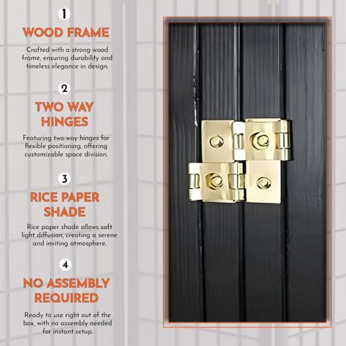 Legacy Decor 4-Panel Shoji Room Divider, Black, Real Wood Grid, Translucent Privacy Panels, 70″ W × 71″ H, Folding Screen Legacy Decor