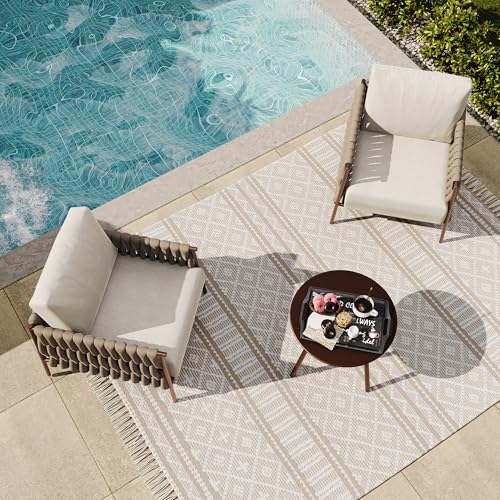 EAST OAK 3-Piece Patio Furniture Set | Armchairs & Coffee Table | Outdoor Furniture with Cushions | Deep Seating Modern Conversation Set | Garden, Porch, Balcony & Backyard | Chestnut & Apricot EAST OAK