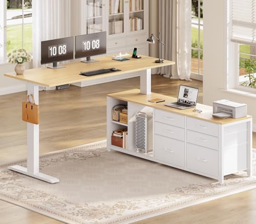 SEDETA L Shaped Electric Standing Desk, 55" x 55" Height Adjustable Office Executive Desk with 6 Fabric Drawers and Storage Shelves, Sit Stand Computer Desk with Power Outlet for Home Office (Oak) SEDETA