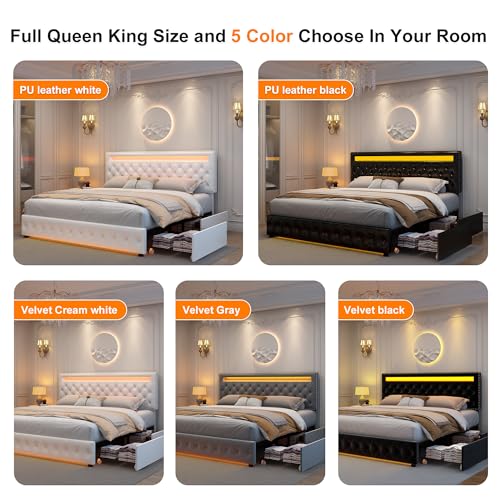 GEGOFORU Full Led Bed Frame with 4 Storage Drawers, with Smart Control RGBW LED Lights Headboard Footboard, Control DIY Color, Box Spring Optional, PU White Generic