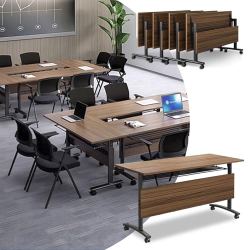 Folding Conference Room Tables,55" Flip Top Seminar Conference Tables,Foldable Meeting Table with Silent Wheels,Office Rolling Modular Meeting Room Table Mobile Training Tables (Walnut, 4 pack) Vlemkk