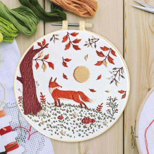 FRANDEK Fox Scenery Embroidery Kit for Beginners Adults, Complete Starter Cross Stitch Set with Printed Pattern, Cotton Threads, Bamboo Hoop, Needles, DIY Needlework Craft Gift for Mom Grandma