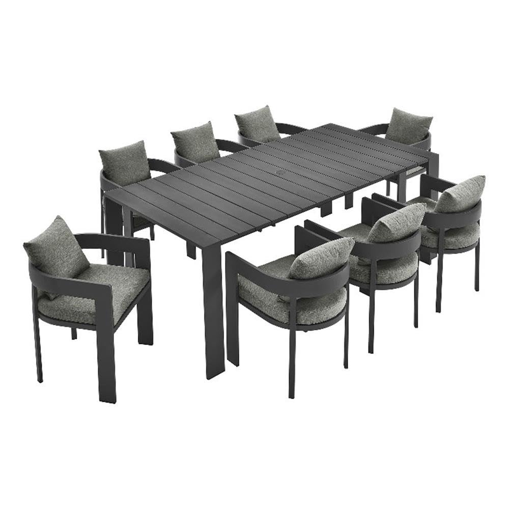 Modway Tahoe Outdoor Patio Powder-Coated Aluminum 9-Piece Dining Set in Gray Gray - Rectangular Patio Furniture Set for 8 - Outside Table with Umbrella Hole and Cushioned Chairs - Modern Patio Set Modway