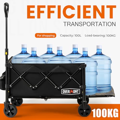 OVERMONT Collapsible Foldable Wagon Cart - 220lbs Extended Heavy Duty Folding Utility Wagons with Wheels - 100L Lightweight Garden Grocery Cart for Shopping, Grocery,Sports,Garden Overmont