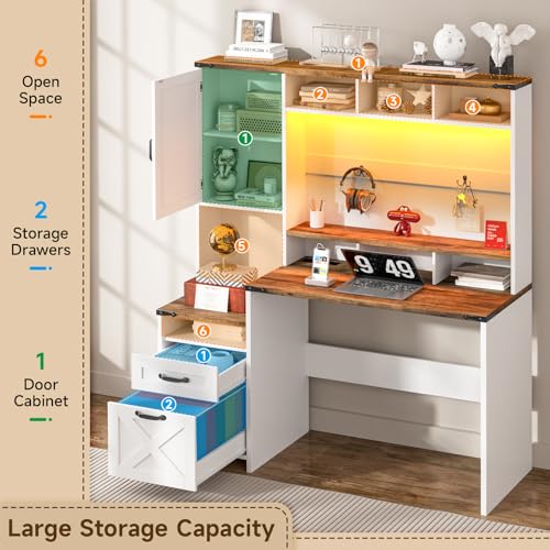 Vabches 51" Executive Desk Farmhouse Home Office Desk with Charging Station, LED Light, File Drawer, Storage Cabinet, Monitor Stand, Wood Computer Desk with Hutch for Work Study Writing (White) Vabches