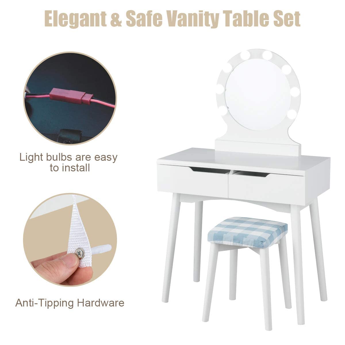 Giantex Vanity Set with Round Lighted Mirror, Makeup Dressing Table with 8 Light Bulbs and Brightness Adjustable, Bedroom Makeup Table with Cushioned Stool and 2 Sliding Drawers (White) Giantex