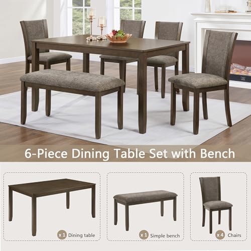 RuiSiSi 6-Piece Dining Table Set for 6, Farmhouse Wood Kitchen Table Set with Chairs and Bench, Rustic Dining Room Kitchen Table Set for 6 People, Dark Walnut RuiSiSi