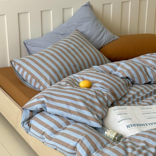 Striped Duvet Cover Set Full, 100% Washed Cotton Vintage Blue Brown Stripes Pattern Printed Comforter Cover, 3 Pieces Breathable Duvet Cover with 2 Pillowcases, Soft Farmhouse Striped Bedding Set LifeTB