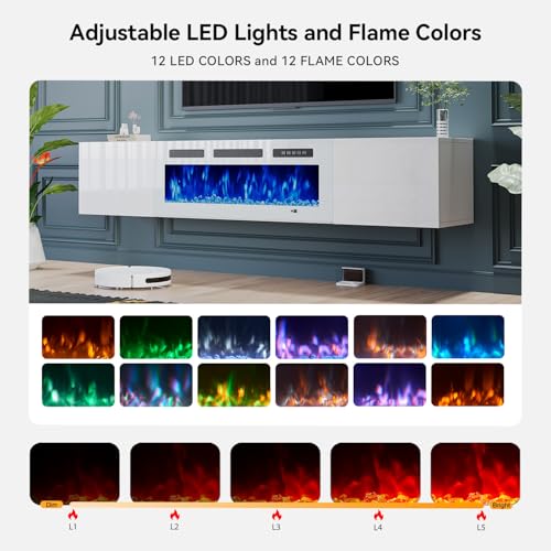 MXV 70'' Floating TV Stand, Modern Media Entertainment Center with 36" Electric Fireplace, TV Console Cabinet Wall Mounted, Adjustable 12-Color LED Lights, for Living Room, White + White MXV