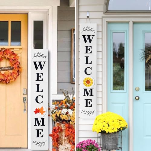 Lotkey Seasonal Welcome Sign for Front Door, 47 x 7.9 Inch Welcome Sign with 12 Wooden Icons (6 Double-sided Disks) Porch Decor for Summer Fall Thanksgiving Christmas Party Outdoor Sign (White) LOTKEY