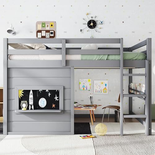 Bellemave Full Size Loft Bed for Kids with Sliding Chalkboard & Bookshelf, Sturdy Wooden Full Loft Bed Frame with Safety Guardrails, Space Saving Kids Loft Beds with Under-Bed Play Space, Grey Bellemave