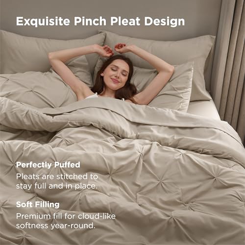 Bedsure Queen Comforter Set Beige - Bed in a Bag Queen Size Bedding 7 Pieces, GentleSoft™ Pintuck Bed Set Gift for Family, Pinch Pleat All Season Comforter with Sheets, Pillowcases & Shams Bedsure