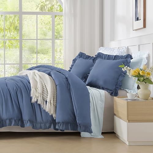 Andency Ocean Blue King Size Comforter Set, 3 Pieces Solid Farmhouse Shabby Chic Bedding Comforters & Sets, All Season Western Rustic Soft Down Alternative Bed Set for Adult Men Women Andency