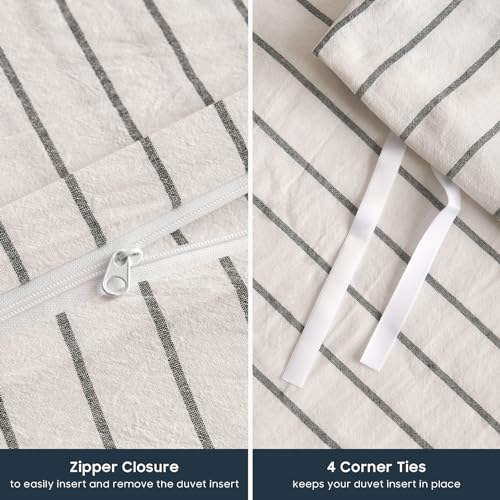 Wake In Cloud - Striped Cotton Duvet Cover Set, Ticking Stripe Vertical Pinstripe Farmhouse, 100% Washed Cotton Textured Percale Bedding Set, 3 Pieces, White, King Size Wake In Cloud