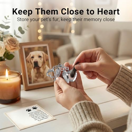 Japrex Pet Hair Keepsake, Pet Fur Memorial Keepsake with Angel Wing Paw Print Charm, Heart Glass Memory Locket for Dog Cat Fur, Pet Loss Remembrance Gift for Pet Lovers