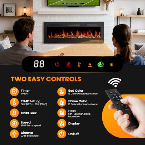 Sweetcrispy 50” Electric Fireplace Insert, Wall Mounted & Recessed Fireplace, 1500W Freestanding Fireplace Heater with Remote & Touch Panel Control, Adjustable Flame Effect, 12H Timer for Indoor use Sweetcrispy