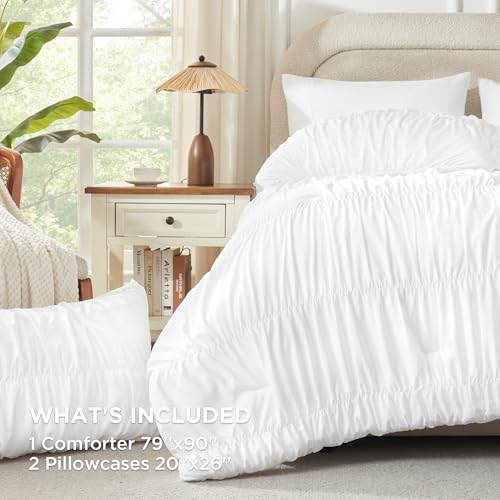 Andency Ruched White Full Size Comforter Sets, Shabby Chic Pleatd Bedding Sets 3 Pieces, Lightweight Soft Boho Ruffle Bed Set for Girls, Kids, Women, All Season Andency