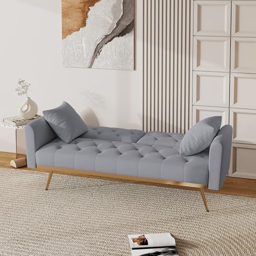 Modern Velvet 2 in 1 Futon Sofa Bed,Convertible Folding Sleeper Bed Couches with 2 Pillows,73" Tufted Recliner Love Seat with Golden Chrome Legs for Living Room Apartment Office (Grey-New) Anwick