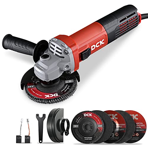 DCK Angle Grinder, 9.2Amp 4-1/2-Inch Corded Angle Grinder, 11,800 RPM with 2 Safety Guards, 6 Piece Discs (2 Cutting/ 2 Grinding/ 2 Flap Discs), Professional Angle Grinder for Metal, Wood (KSM17-115B) DCK